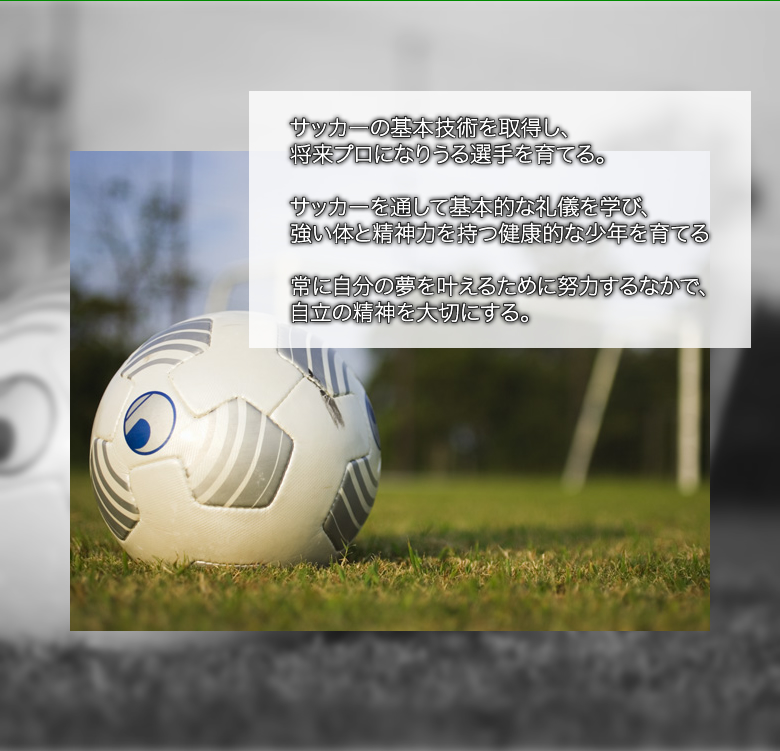 サッカーの基本技術を取得し、将来プロになりうる選手を育てる。サッカーを通して基本的な礼儀を学び、強い体と精神力を持つ健康的な少年を育てる常に自分の夢を叶えるために努力するなかで、自立の精神を大切にする。